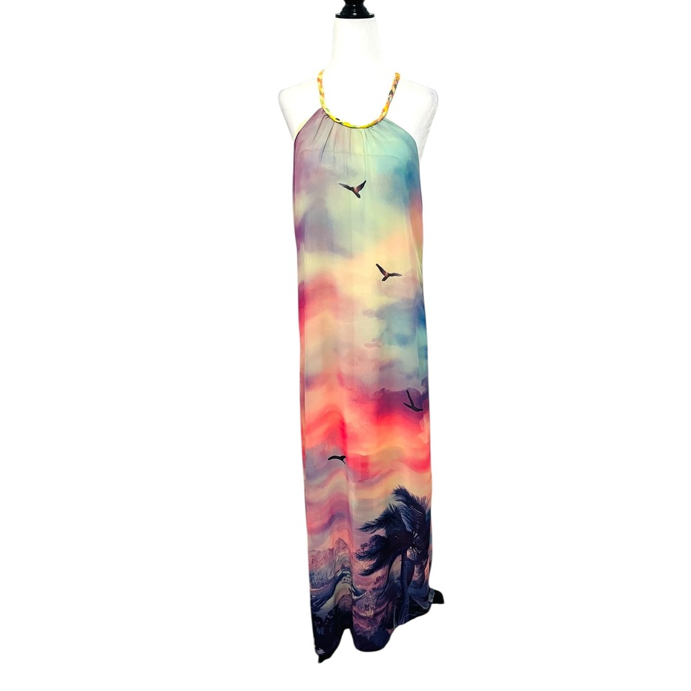 Pink Martini Maxi Dress Halter Neck Sleeveless Sunset Print Size S